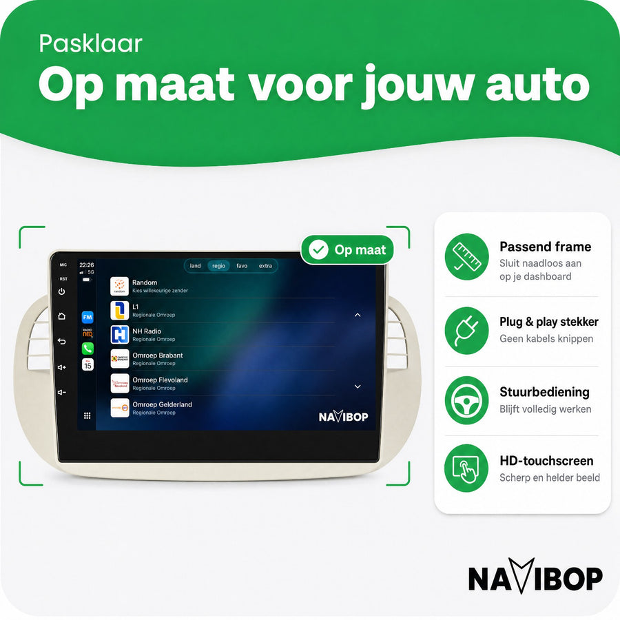 Fiat 500 Beige | Autoradio | CarPlay & Android Auto | Android 15.0 | 2005 t/m 2017
