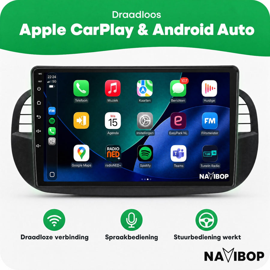 Fiat 500 Zwart | Autoradio | CarPlay & Android Auto | Android 15.0 | 2005 t/m 2017
