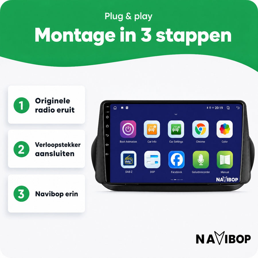 Fiat Fiorini Citroen Nemo Fiat Qubo Peugeot Bipper Peugeot Bipper Tepee | Autoradio | CarPlay & Android Auto | Android 15.0 | 2008 t/m 2018