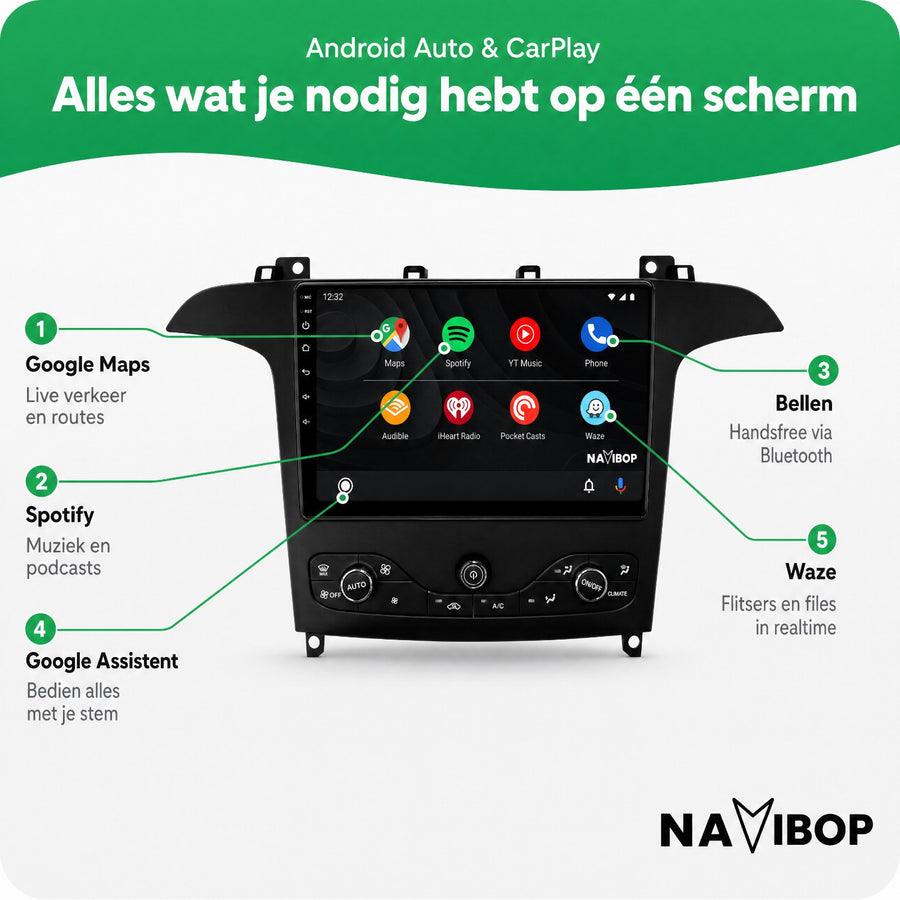 Ford S-max (incl. Aircopaneel) | Autoradio | CarPlay & Android Auto | Android 15.0 | 2009 t/m 2015