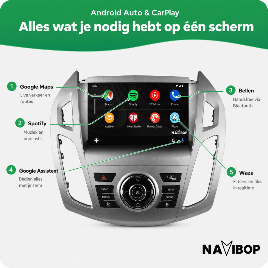 Ford Transit Custom Transit Tourneo | Autoradio | CarPlay & Android Auto | Android 15.0 | 2013 t/m 2018