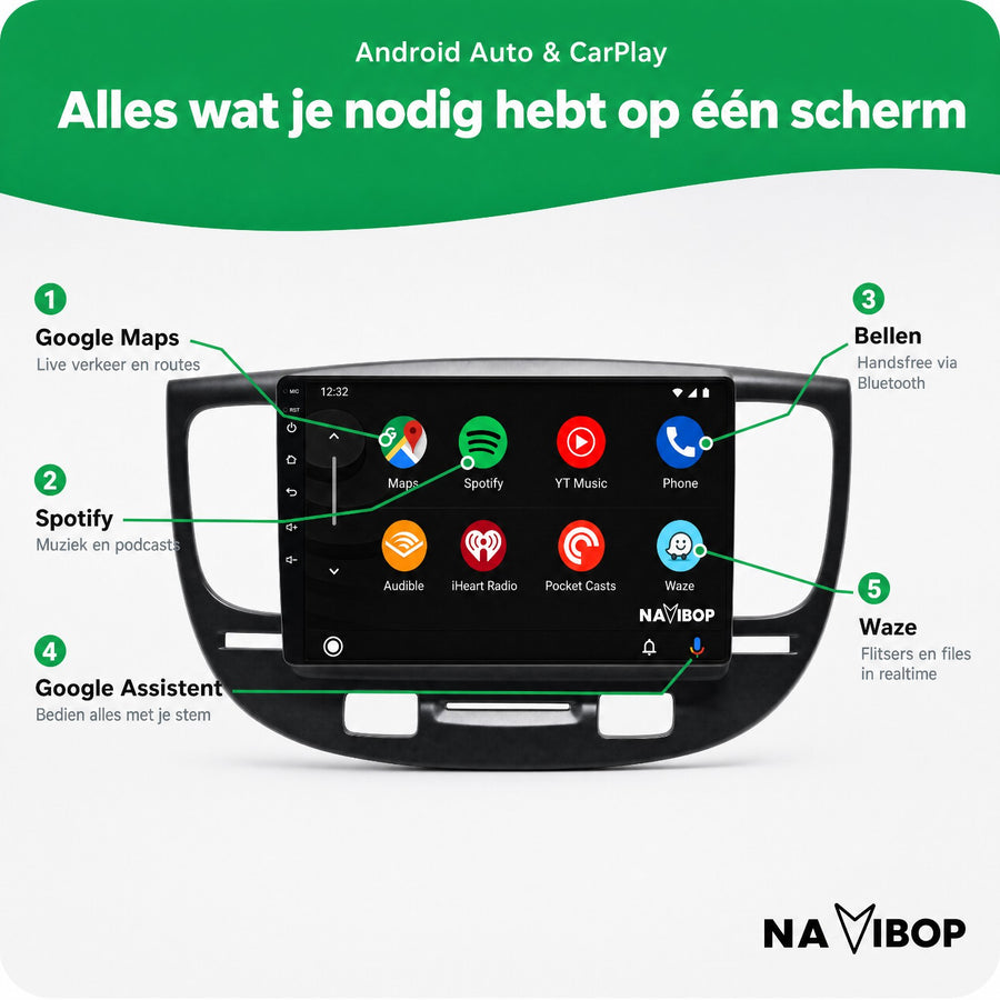 Kia Rio Zwart | Autoradio | CarPlay & Android Auto | Android 15.0 | 2005 t/m 2011