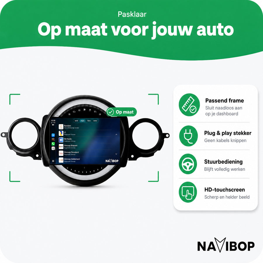 MINI Cooper Flaporen Midden R56 R60 | Autoradio | CarPlay & Android Auto | Android 15.0 | 2006 t/m 2017