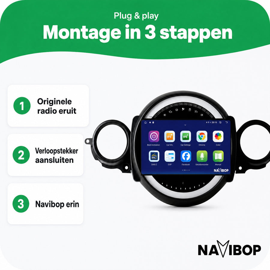 MINI Cooper Flaporen Midden R56 R60 | Autoradio | CarPlay & Android Auto | Android 15.0 | 2006 t/m 2017