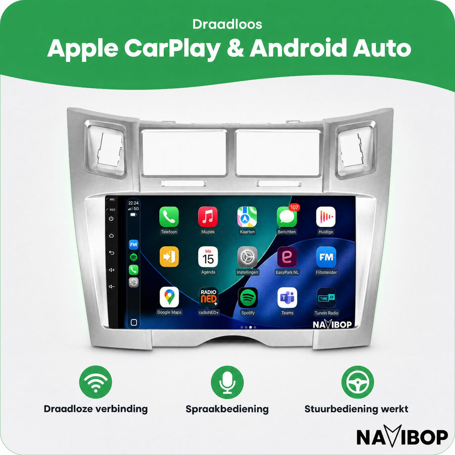Toyota Yaris Zilver | Autoradio | CarPlay & Android Auto | Android 15.0 | 2005 t/m 2012