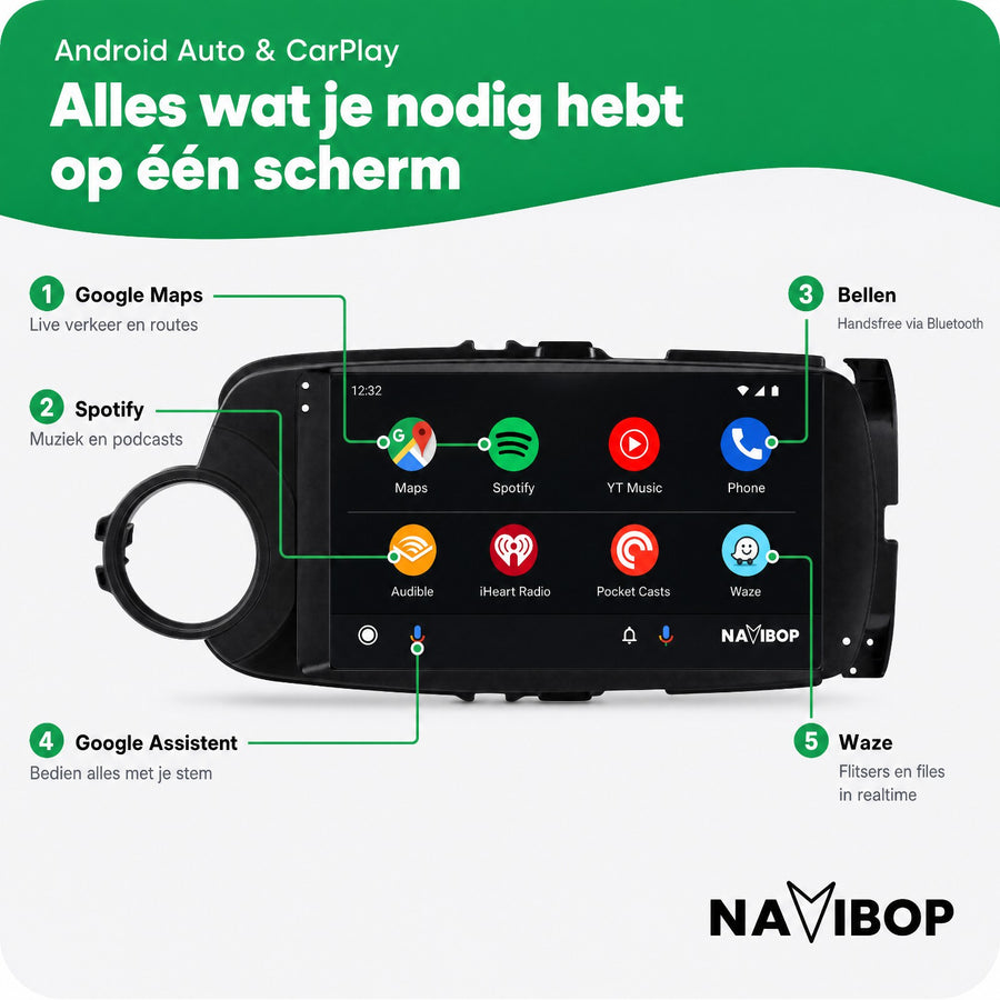 Toyota Yaris Zwart | Autoradio | CarPlay & Android Auto | Android 15.0 | 2011 t/m 2016