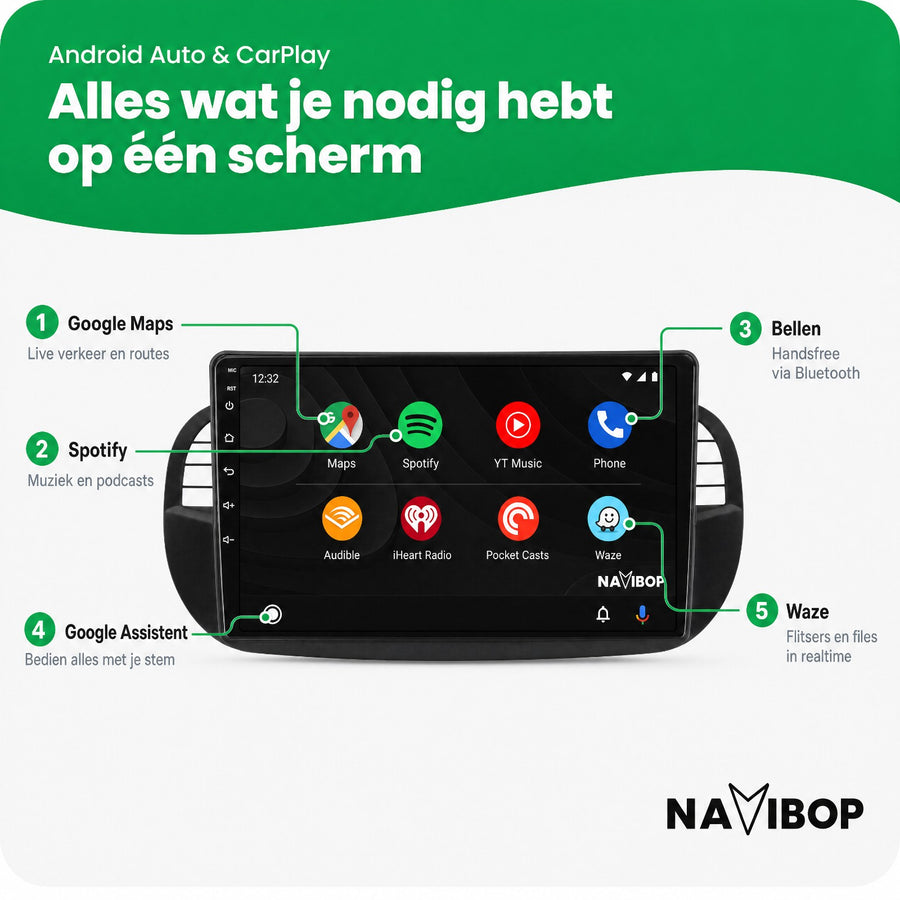 Fiat 500 Zwart | Autoradio | CarPlay & Android Auto | Android 15.0 | 2005 t/m 2017