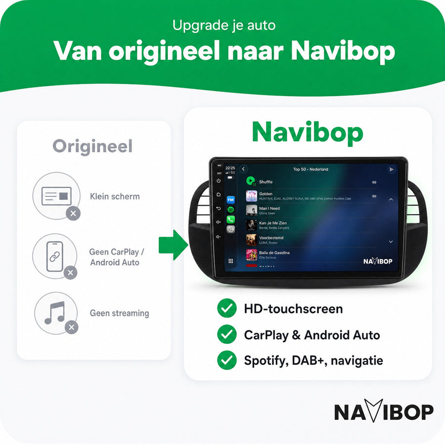 Fiat 500 Zwart | Autoradio | CarPlay & Android Auto | Android 15.0 | 2005 t/m 2017
