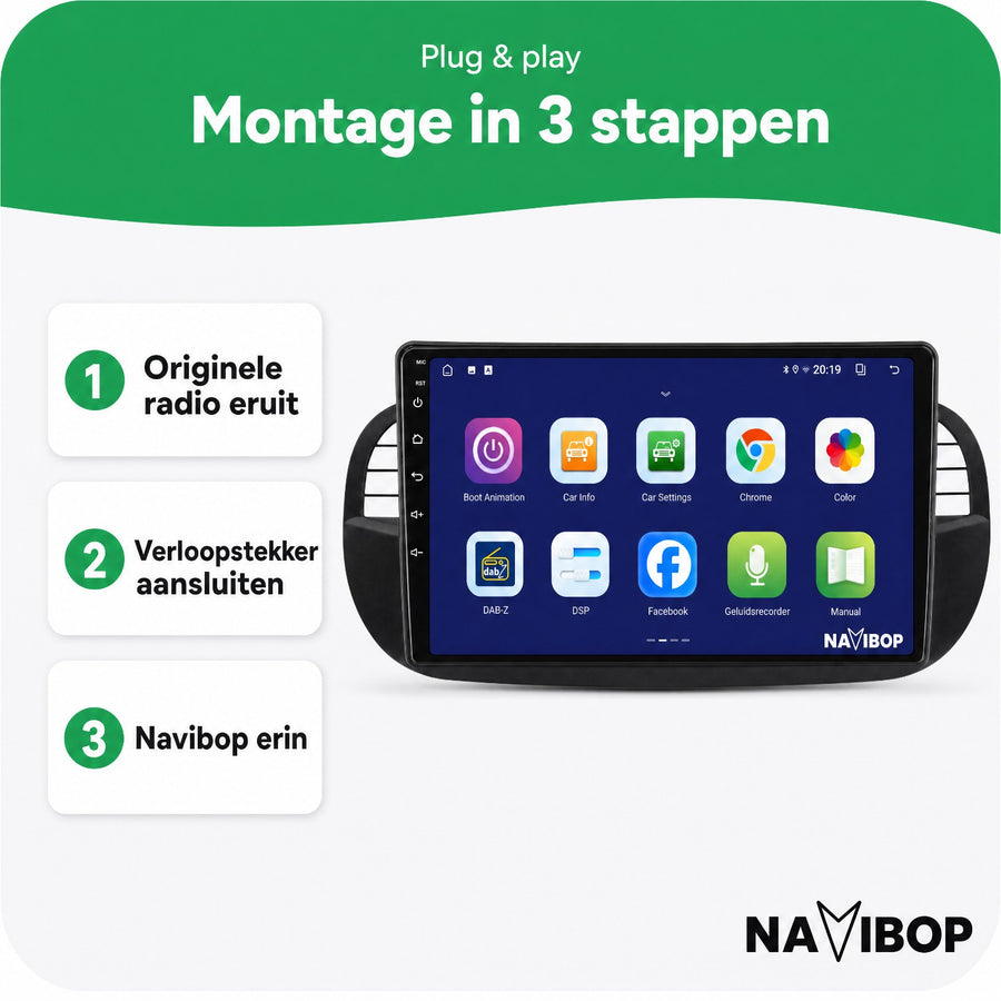Fiat 500 Zwart | Autoradio | CarPlay & Android Auto | Android 15.0 | 2005 t/m 2017