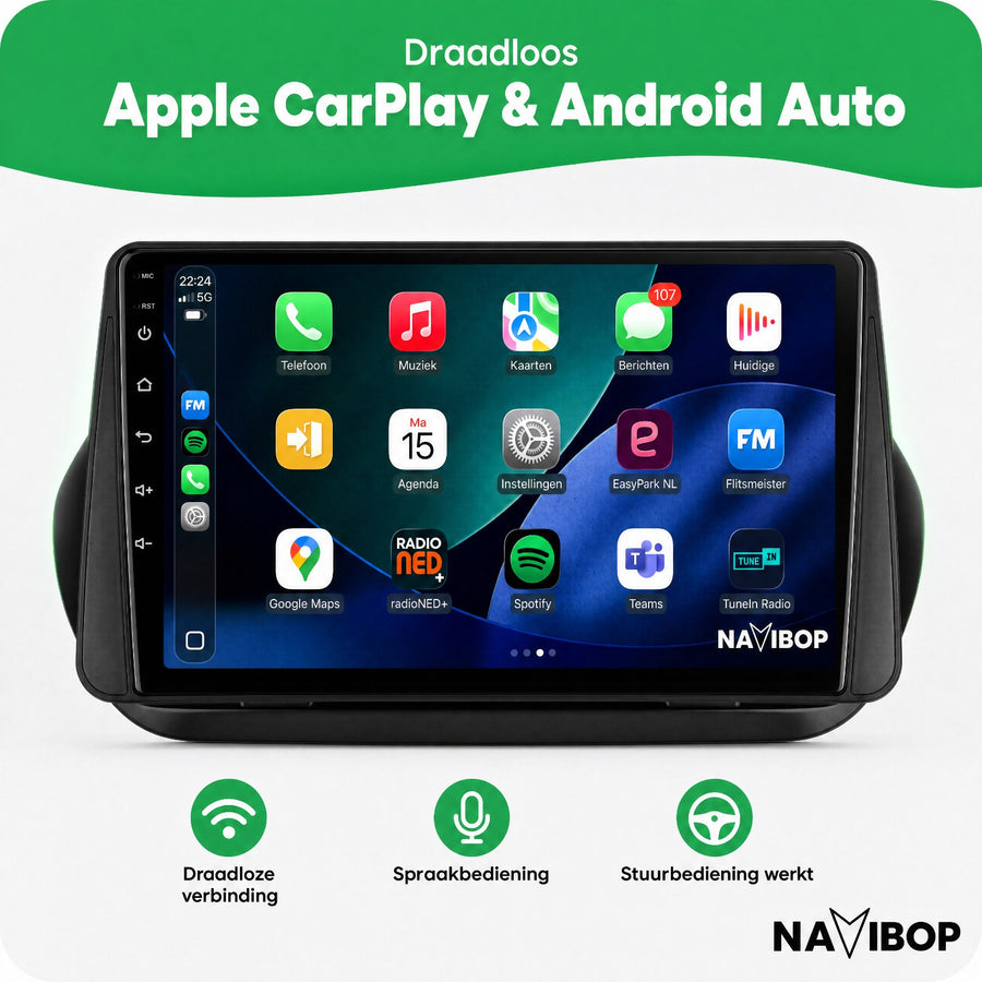 Fiat Fiorini Citroen Nemo Fiat Qubo Peugeot Bipper Peugeot Bipper Tepee | Autoradio | CarPlay & Android Auto | Android 15.0 | 2008 t/m 2018