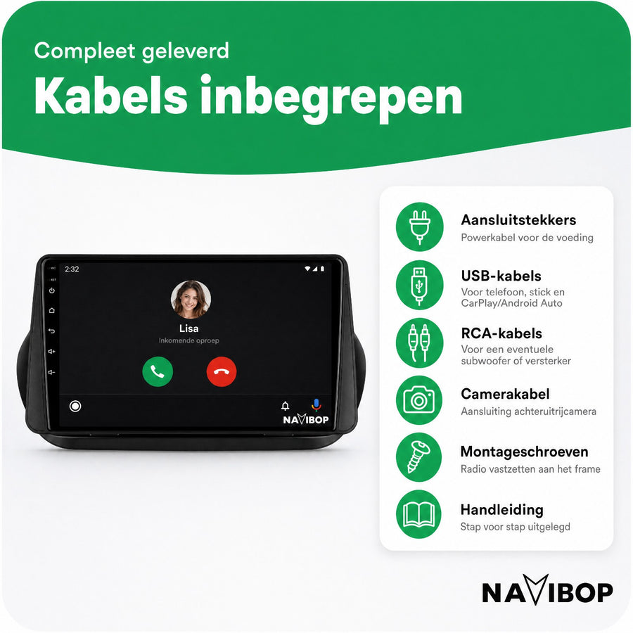 Fiat Fiorini Citroen Nemo Fiat Qubo Peugeot Bipper Peugeot Bipper Tepee | Autoradio | CarPlay & Android Auto | Android 15.0 | 2008 t/m 2018