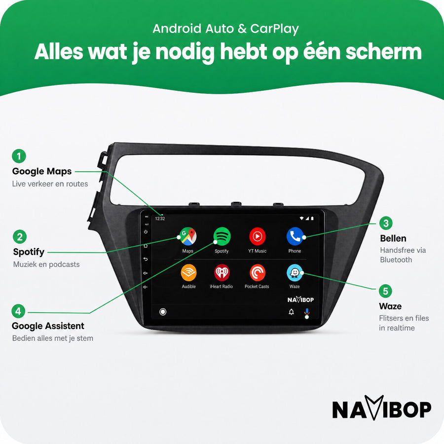 Hyundai I20 Zonder Gevaren Licht | Autoradio | CarPlay & Android Auto | Android 15.0 | 2014 t/m 2020