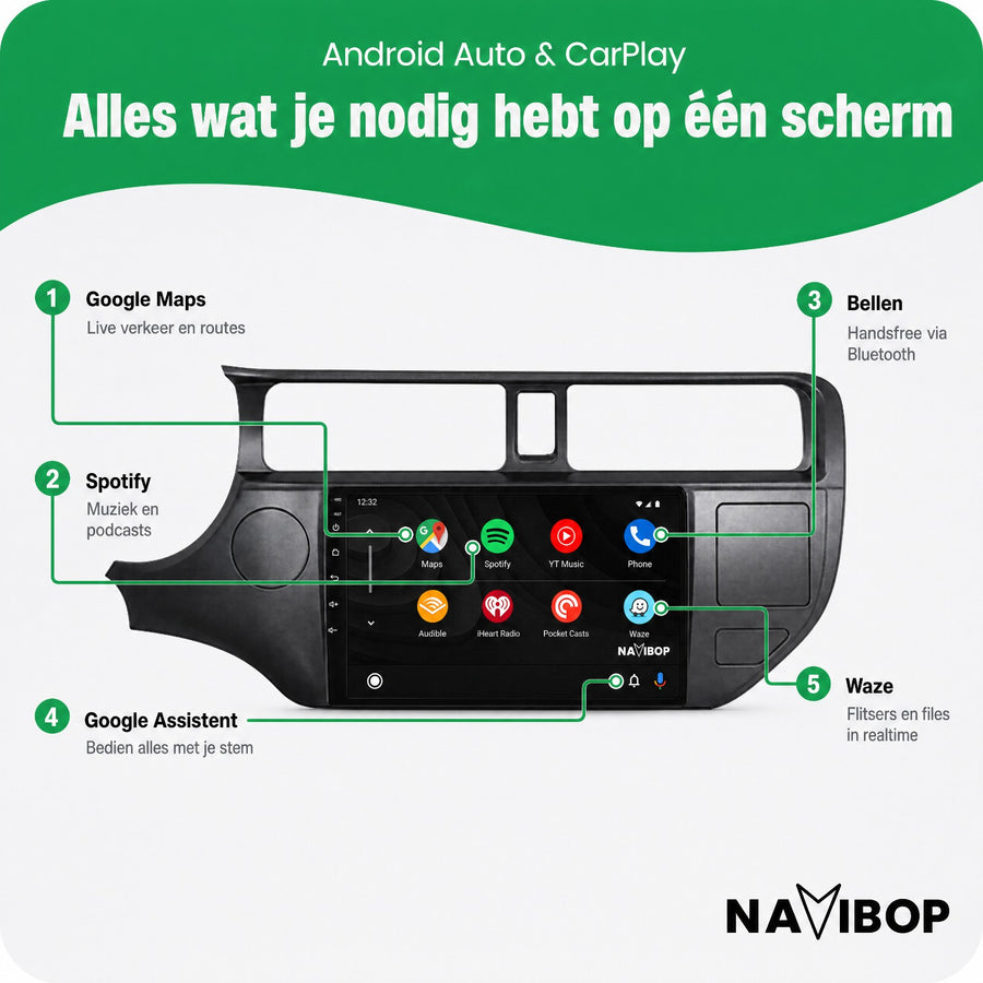 Kia Rio (met Gevarenlicht) | Autoradio | CarPlay & Android Auto | Android 15.0 | 2011 t/m 2015