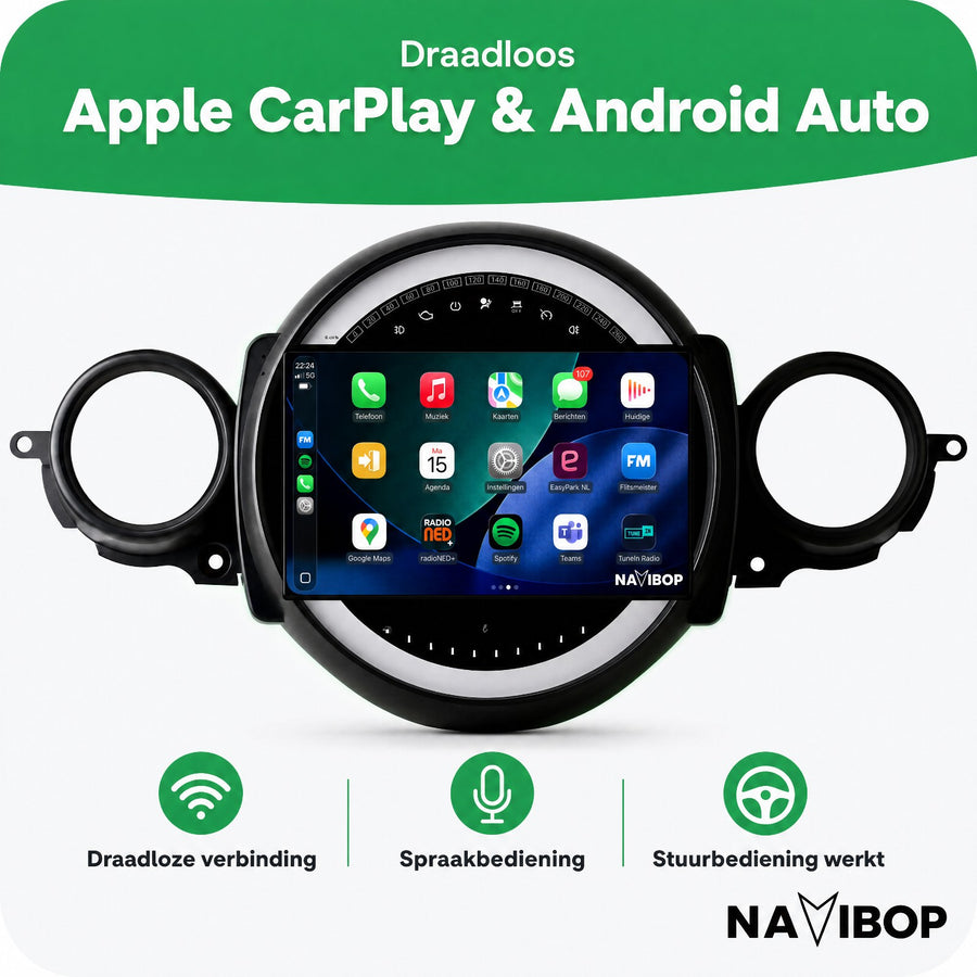 MINI Cooper Flaporen Midden R56 R60 | Autoradio | CarPlay & Android Auto | Android 15.0 | 2006 t/m 2017